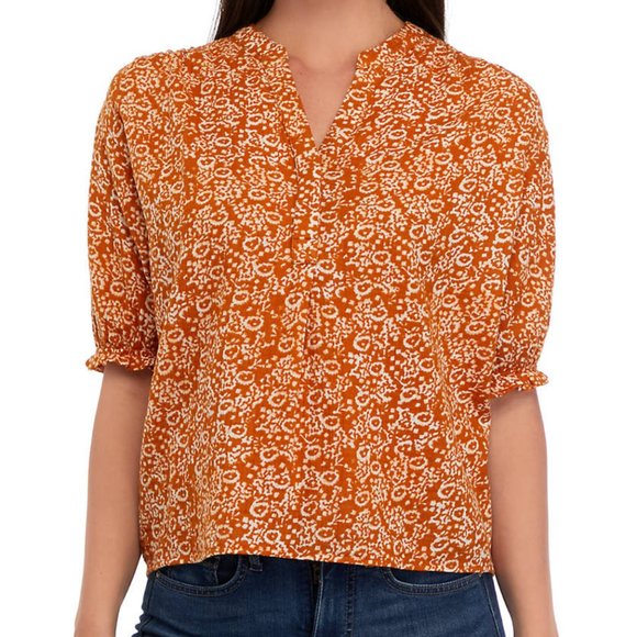 Women's Elastic Sleeve Printed Henley Top Sz Large - Picture 1 of 3